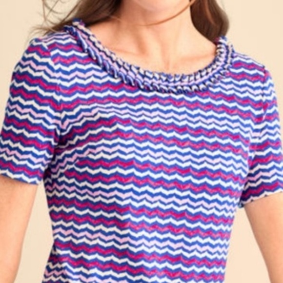 TALBOTS JERSEY KNIT RUFFLED NECK DRESS. PINK & PURPLE ZIG ZAG STRIPES. LIKE NEW - Picture 4 of 10